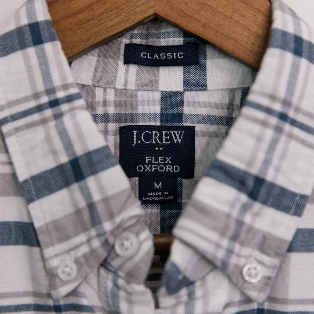 J. Crew Flex Oxford Mens Medium Classic Fit Plaid Button Down Shirt Blue Grey